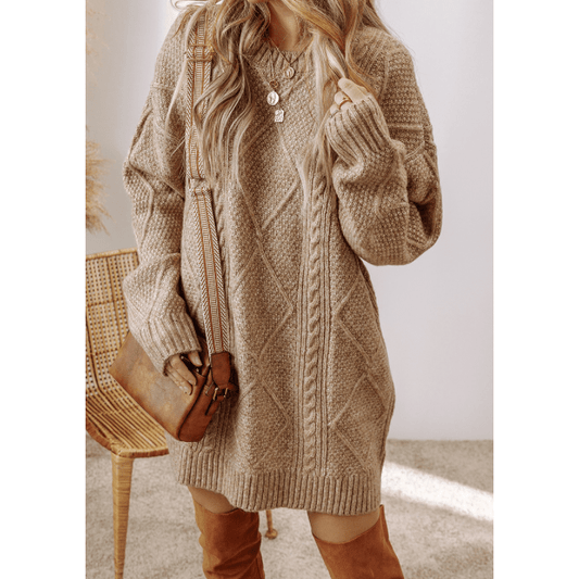 Kenna Parchment Cable Knit Drop Shoulder Loose Fit Sweater Dress * S-3X