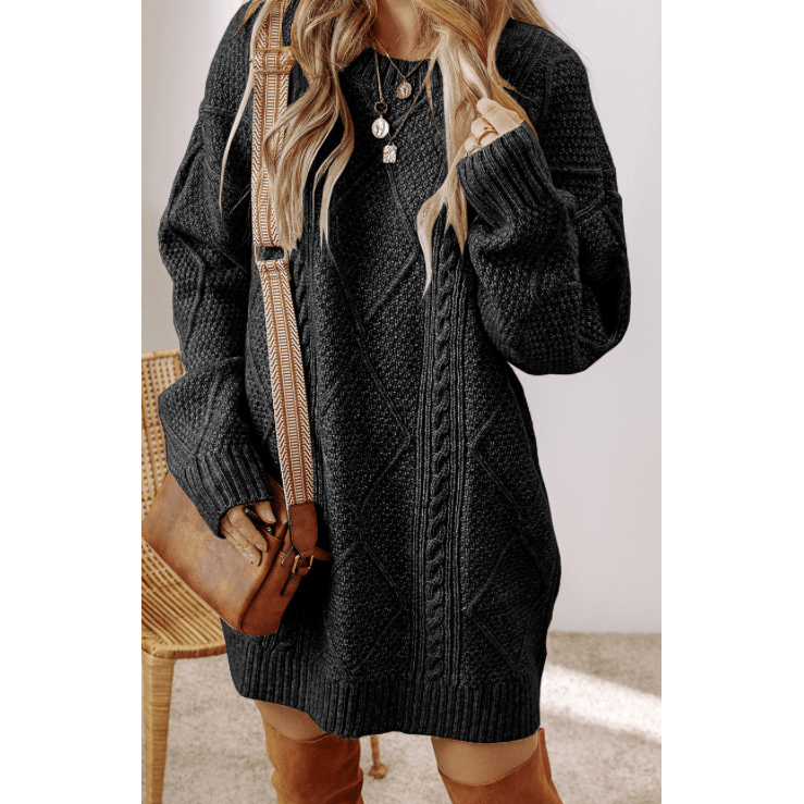 Kenna Black Cable Knit Drop Shoulder Loose Fit Sweater Dress * S-3X