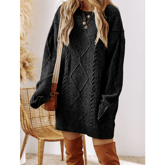 Kenna Black Cable Knit Drop Shoulder Loose Fit Sweater Dress * S-3X