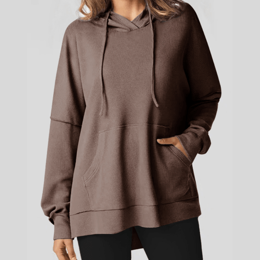 Anessa Coffee Waffle Knit Fleece Lined High Low Oversized Hoodie