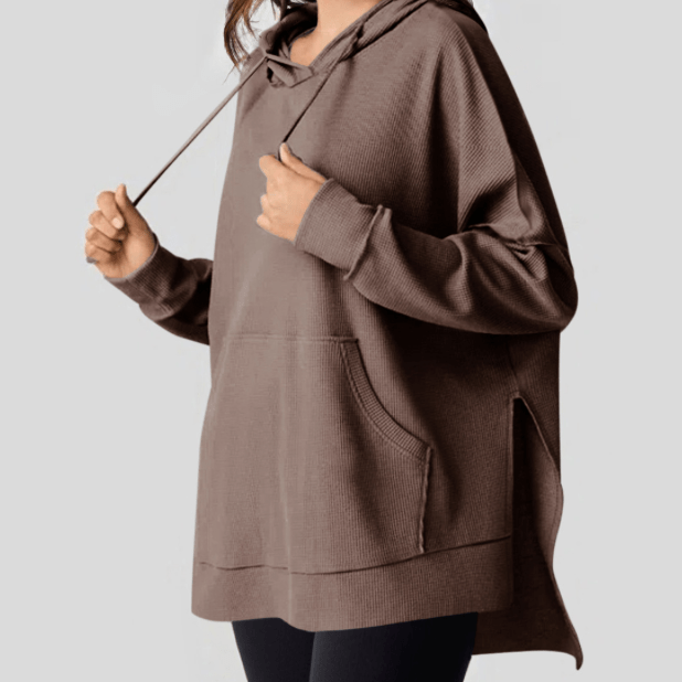 Anessa Coffee Waffle Knit Fleece Lined High Low Oversized Hoodie