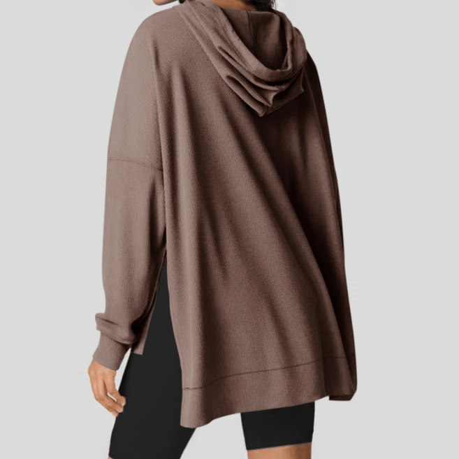 Anessa Coffee Waffle Knit Fleece Lined High Low Oversized Hoodie