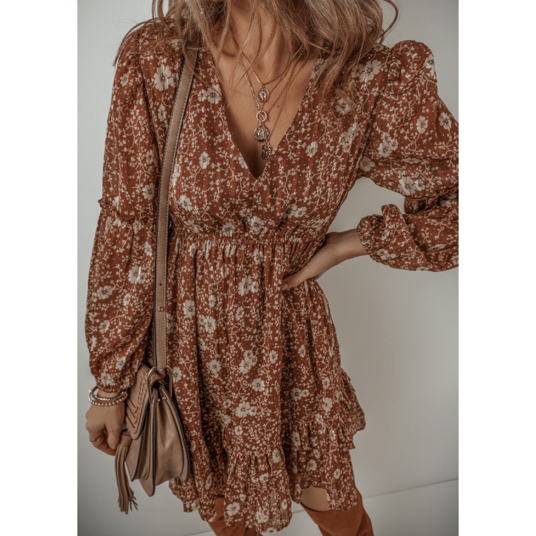 Mallory Brown Boho Floral Ruffled Puff Sleeve V Neck Mini Dress