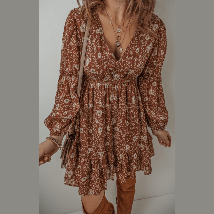 Mallory Brown Boho Floral Ruffled Puff Sleeve V Neck Mini Dress