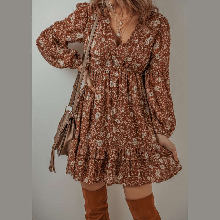 Mallory Brown Boho Floral Ruffled Puff Sleeve V Neck Mini Dress