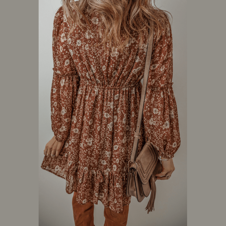 Mallory Brown Boho Floral Ruffled Puff Sleeve V Neck Mini Dress