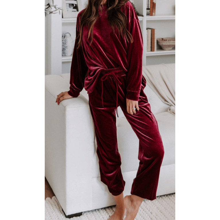 Suzzet Fiery Red Solid Velvet Two Piece Lounge Set