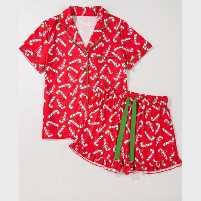 Red Christmas Candy Cane Print Pocketed Knotted Pajama Set