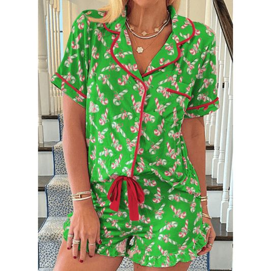 Green Christmas Candy Cane Print Pocketed Knotted Pajama Set