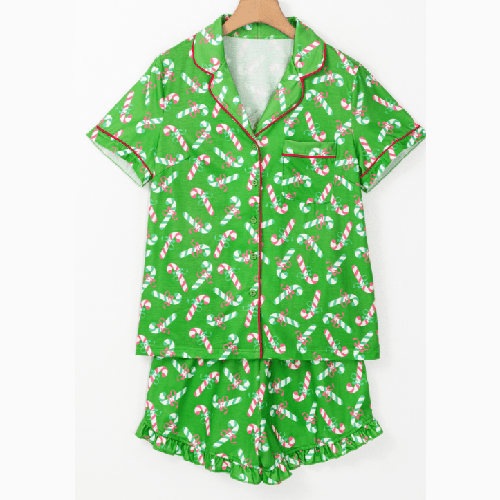 Green Christmas Candy Cane Print Pocketed Knotted Pajama Set