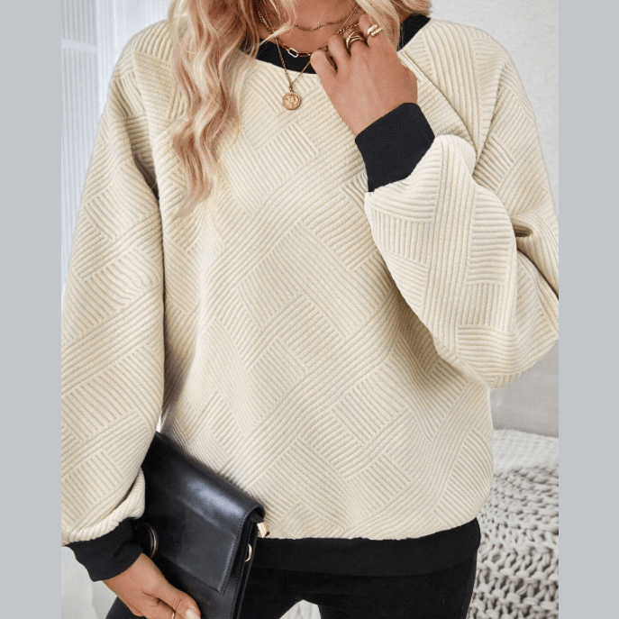 Quinly Color Block Edge Raglan Sleeve Crew Neck Textured Top