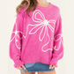 RTS Abigail Bright Pink Corded Flower Bow Ribbed Trim Casual Sweater