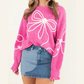 RTS Abigail Bright Pink Corded Flower Bow Ribbed Trim Casual Sweater