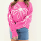 RTS Abigail Bright Pink Corded Flower Bow Ribbed Trim Casual Sweater