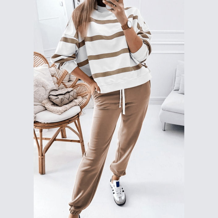 Gisselle French Beige Striped Drop Shoulder Pullover and Jogger Pants Set