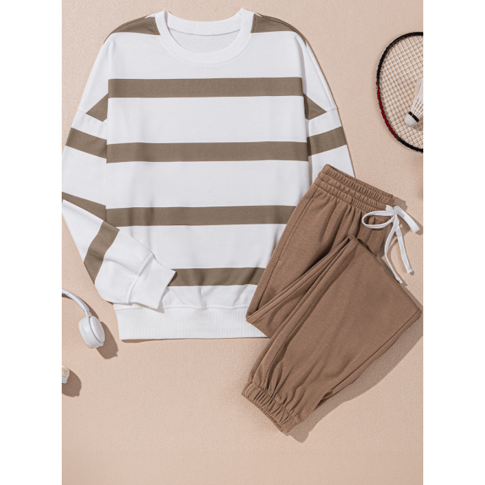 Gisselle French Beige Striped Drop Shoulder Pullover and Jogger Pants Set