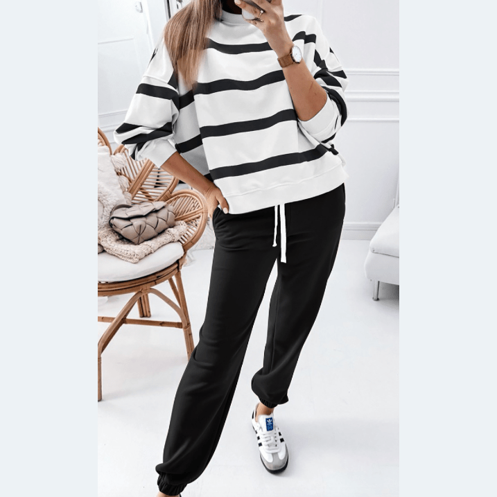 Gisselle Black Striped Drop Shoulder Pullover and Jogger Pants Set