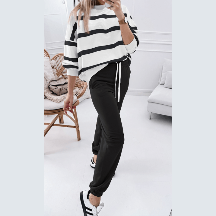 Gisselle Black Striped Drop Shoulder Pullover and Jogger Pants Set
