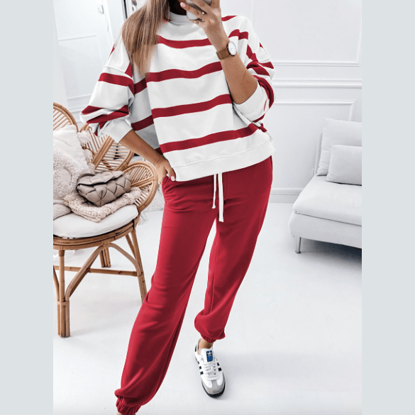 Gisselle Red Striped Drop Shoulder Pullover and Jogger Pants Set * S-3X