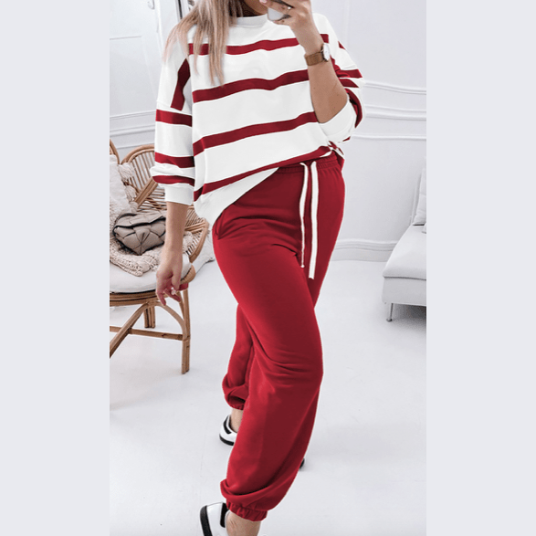 Gisselle Red Striped Drop Shoulder Pullover and Jogger Pants Set * S-3X