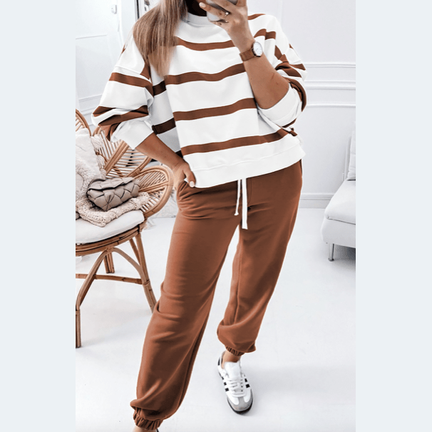 Gisselle Brown Striped Drop Shoulder Pullover and Jogger Pants Set * S-3X