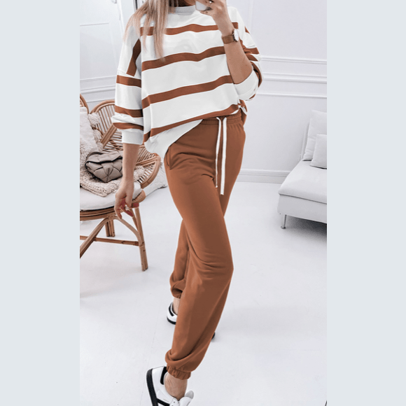 Gisselle Brown Striped Drop Shoulder Pullover and Jogger Pants Set * S-3X