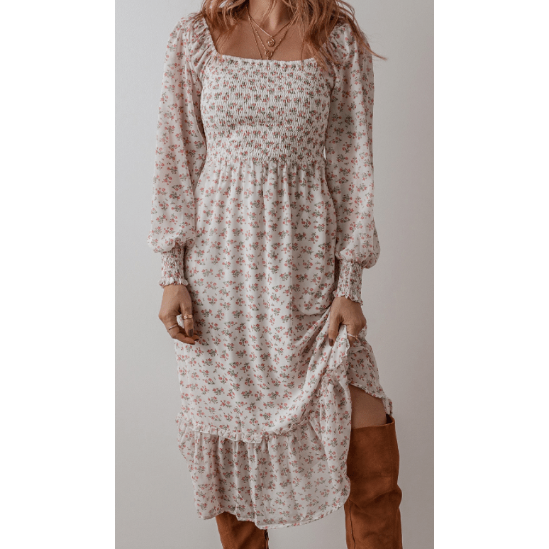 Ida Floral Print Shirred Ruffled Hem Square Neck Midi Dress