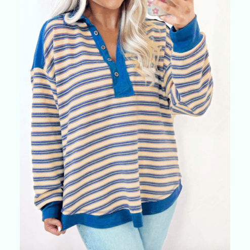 REDUCED!!!  Colina Blue Stripe Buttoned V Neck Collared Drop Shoulder Top  REDUCED!!!