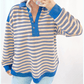 REDUCED!!!  Colina Blue Stripe Buttoned V Neck Collared Drop Shoulder Top  REDUCED!!!