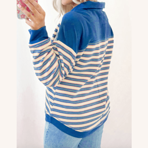 REDUCED!!!  Colina Blue Stripe Buttoned V Neck Collared Drop Shoulder Top  REDUCED!!!