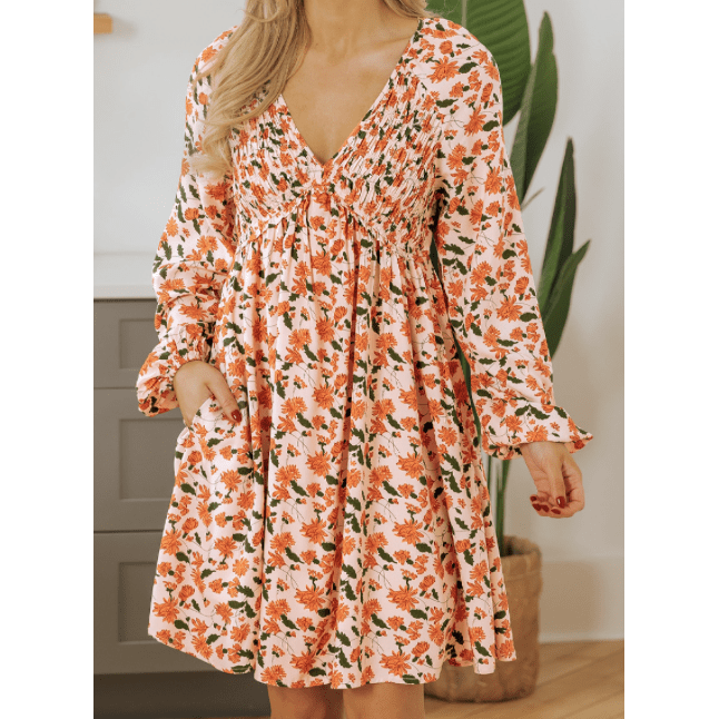 Florissa Floral Deep V Neck Smocked Bust Bubble Sleeve Babydoll Dress