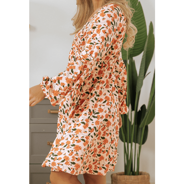 Florissa Floral Deep V Neck Smocked Bust Bubble Sleeve Babydoll Dress