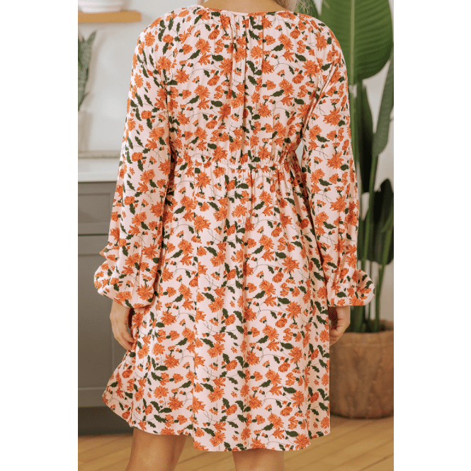 Florissa Floral Deep V Neck Smocked Bust Bubble Sleeve Babydoll Dress