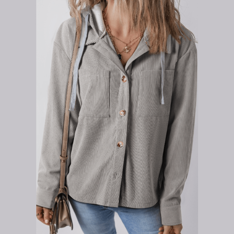 Harlene Grey Hooded Drawstring Pockets Corduroy Shacket
