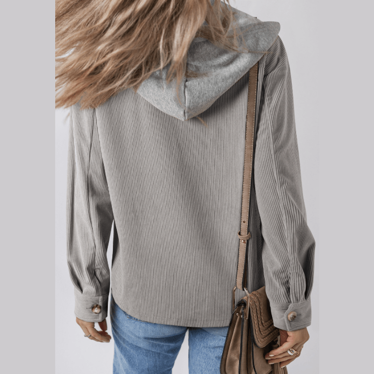 Harlene Grey Hooded Drawstring Pockets Corduroy Shacket