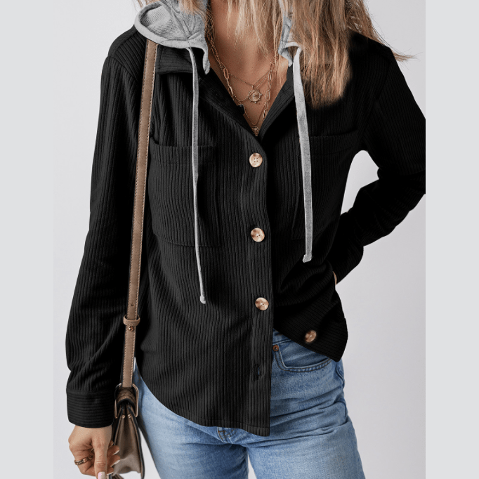 Harlene Black Hooded Drawstring Pockets Corduroy Shacket