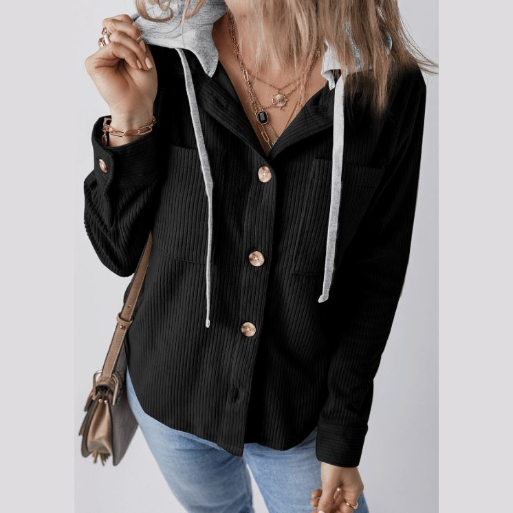 Harlene Black Hooded Drawstring Pockets Corduroy Shacket