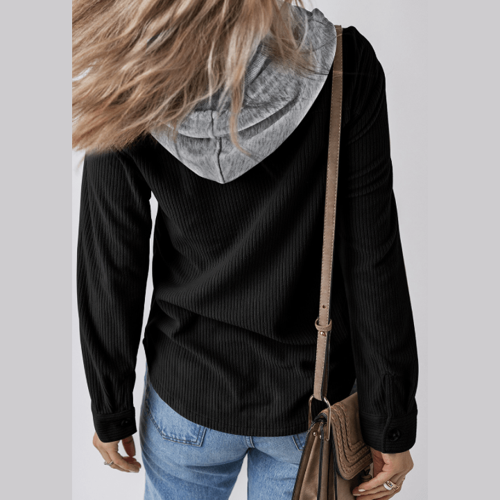 Harlene Black Hooded Drawstring Pockets Corduroy Shacket