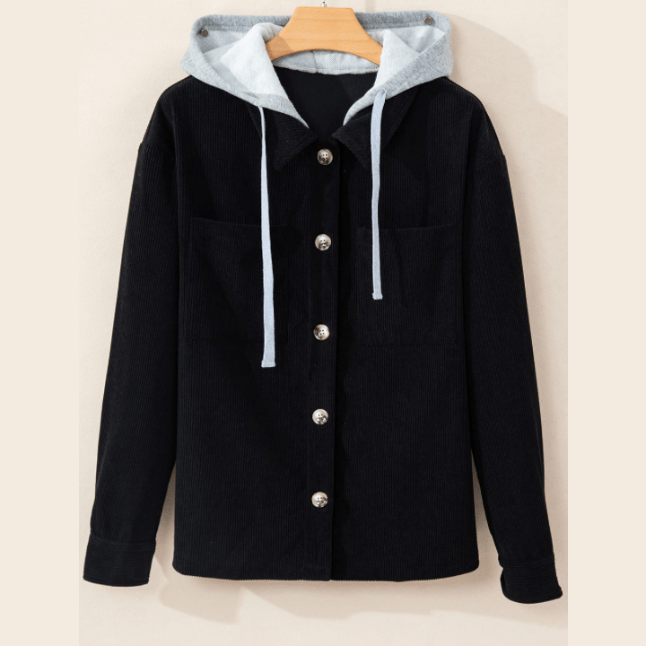 Harlene Black Hooded Drawstring Pockets Corduroy Shacket