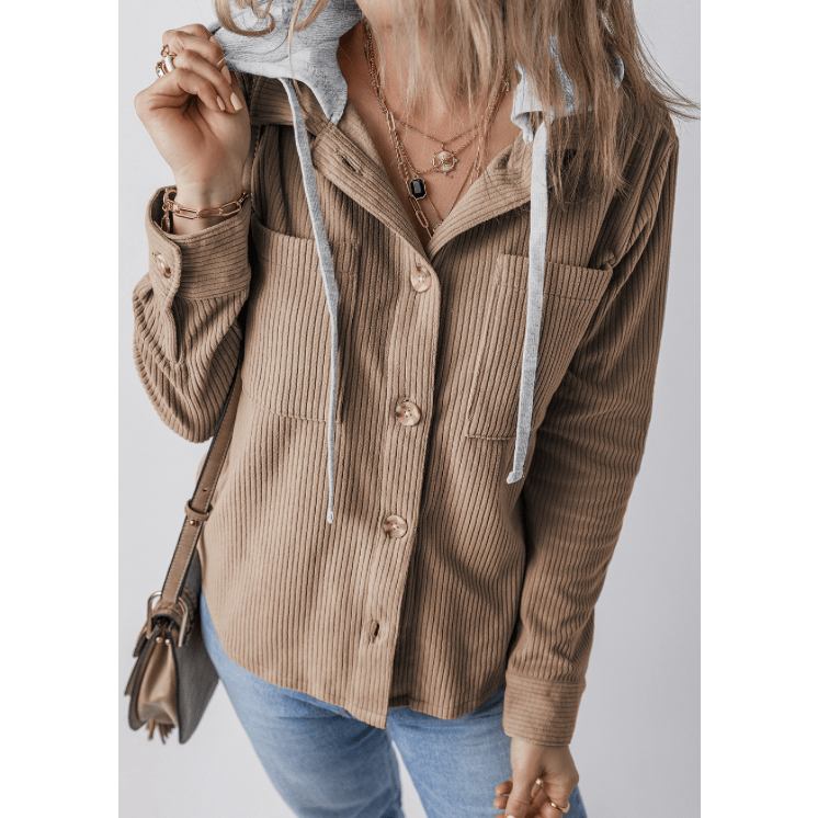Harlene Khaki Hooded Drawstring Pockets Corduroy Shacket
