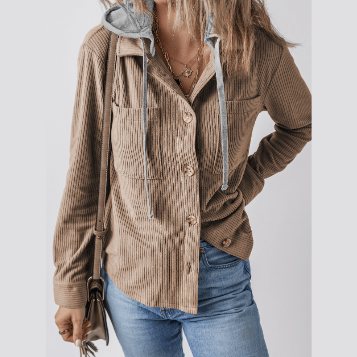 Harlene Khaki Hooded Drawstring Pockets Corduroy Shacket