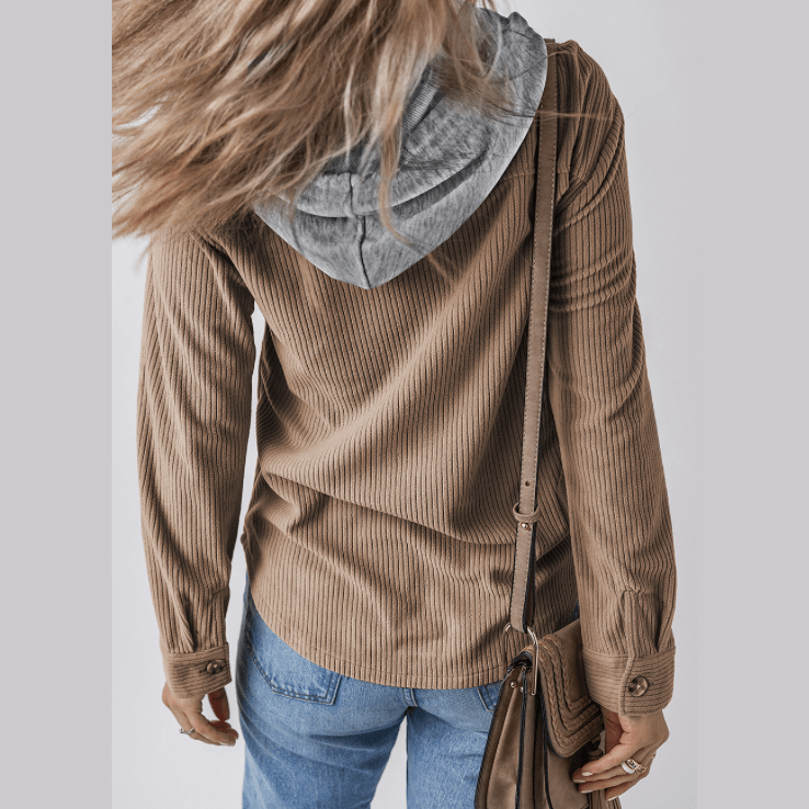 Harlene Khaki Hooded Drawstring Pockets Corduroy Shacket