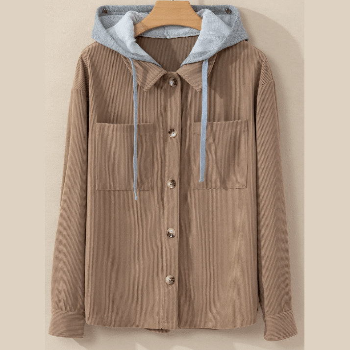 Harlene Khaki Hooded Drawstring Pockets Corduroy Shacket