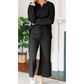 Pennie Black Textured Collared V Neck Top and Wide Leg Pants Set