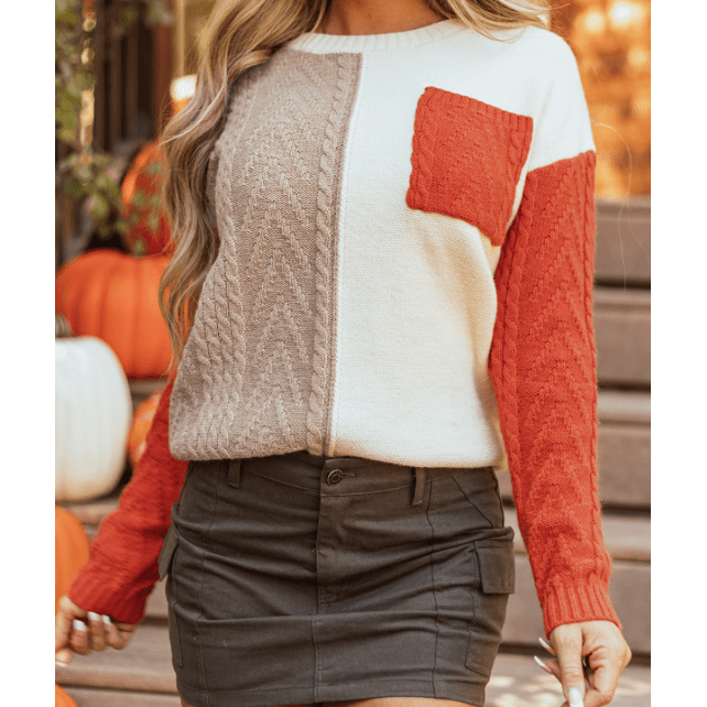 REDUCED!!!  Chelle Gold Flame Colorblock Patched Pocket Drop Shoulder Sweater  REDUCED!!!