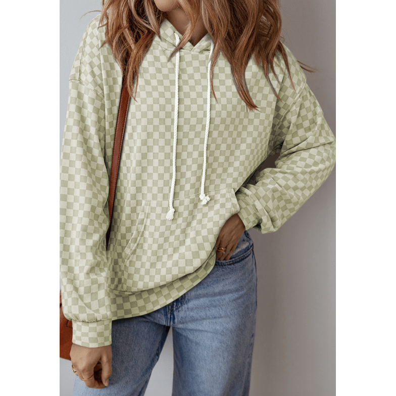 REDUCED!!!  Locie Green Checkered Print Kangaroo Pocket Drawstring Hoodie  REDUCED!!!