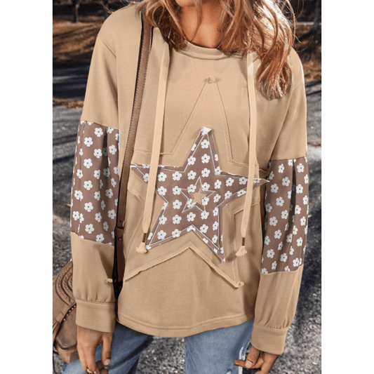 Stormi Apricot Floral Patchwork Star Pattern Drawstring Hoodie