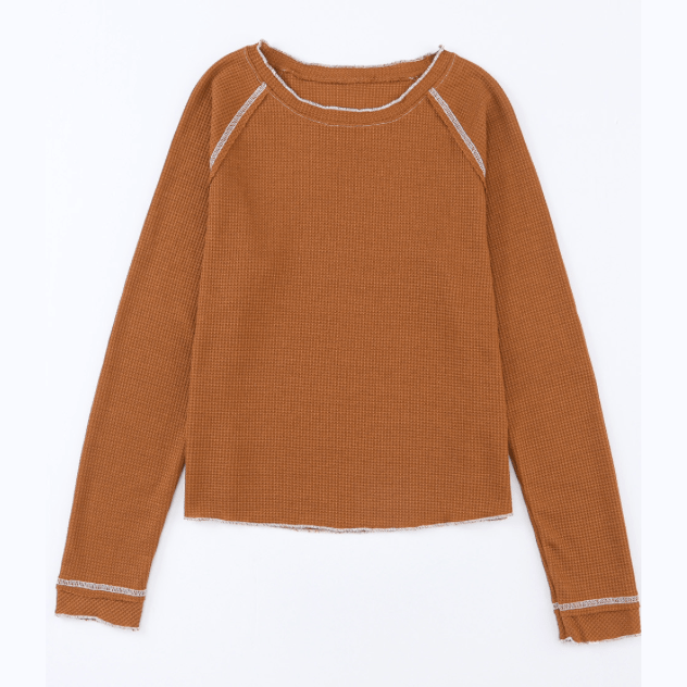 Payson Brown Textured Round Neck Long Sleeve Top