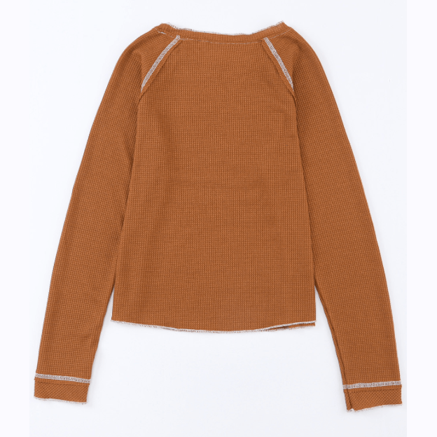 Payson Brown Textured Round Neck Long Sleeve Top