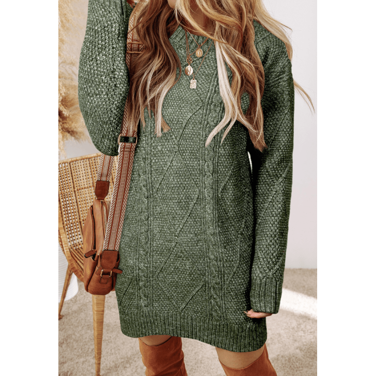 Kenna Green Cable Knit Drop Shoulder Loose Fit Sweater Dress